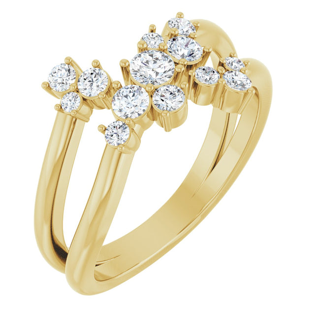 14K Gold Round Natural Diamond Cluster Bypass Ring - Yellow Gold
