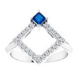 14K Gold Square Natural Blue Sapphire Accented Geometric Ring - White Gold - view 3