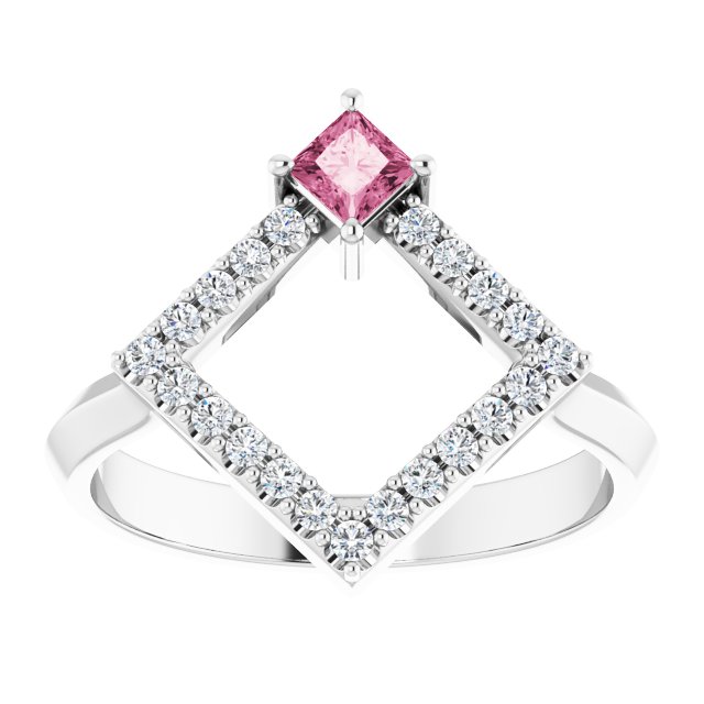 14K Gold Square Natural Pink Tourmaline Accented Geometric Ring - White Gold - view 3
