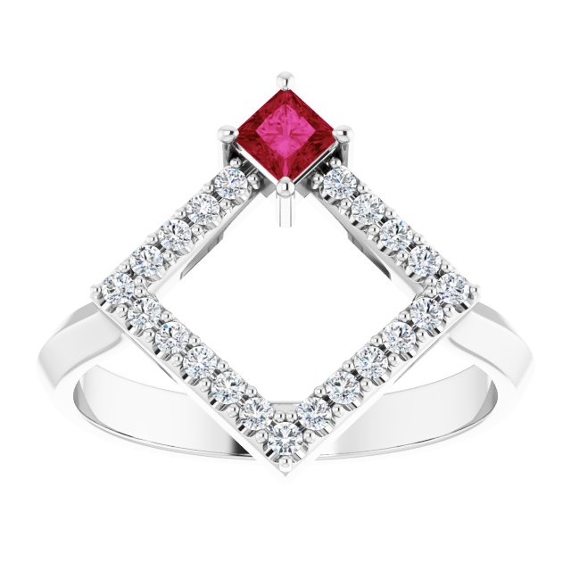 Platinum Square Natural Ruby Accented Geometric Ring - view 3