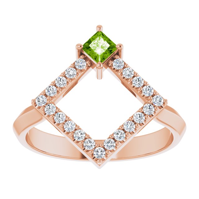 14K Gold Square Natural Peridot Accented Geometric Ring - Rose Gold - view 3