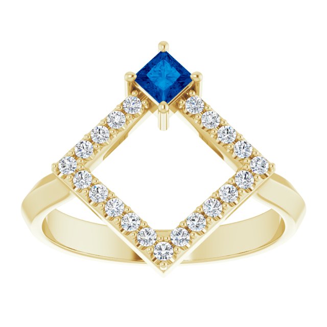 14K Gold Square Natural Blue Sapphire Accented Geometric Ring - Yellow Gold - view 3