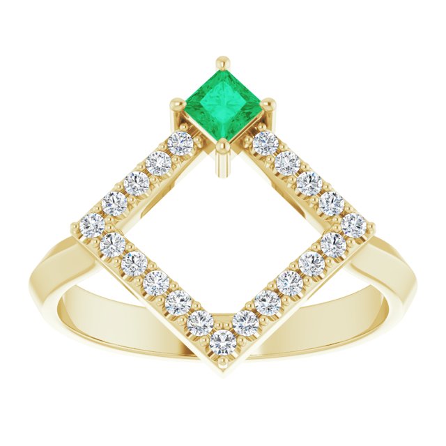 14K Gold Square Natural Emerald Accented Geometric Ring - Yellow Gold - view 3