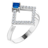 14K Gold Square Natural Blue Sapphire Accented Geometric Ring - White Gold