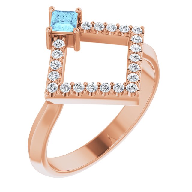 14K Gold Square Natural Aquamarine Accented Geometric Ring - Rose Gold