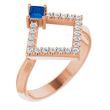 14K Gold Square Natural Blue Sapphire Accented Geometric Ring - Rose Gold