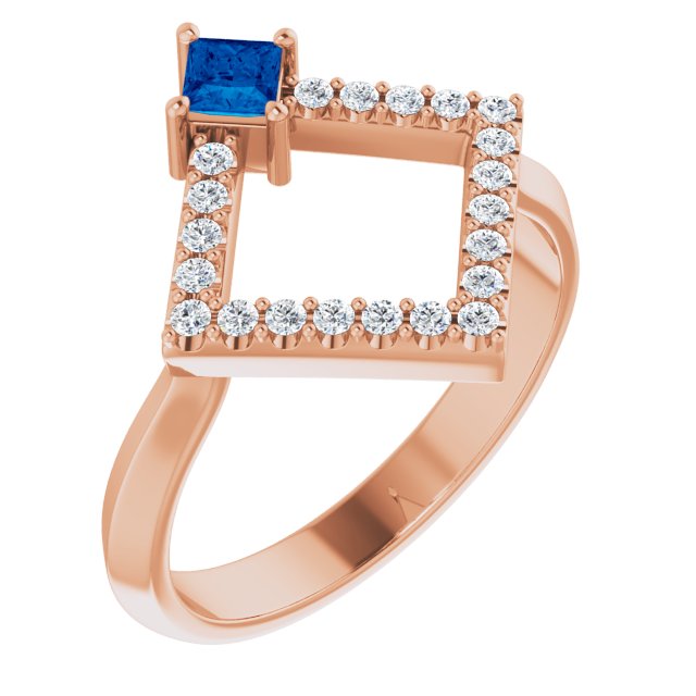 14K Gold Square Natural Blue Sapphire Accented Geometric Ring - Rose Gold