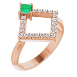 14K Gold Square Natural Emerald Accented Geometric Ring - Rose Gold