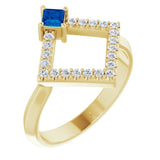 14K Gold Square Natural Blue Sapphire Accented Geometric Ring - Yellow Gold