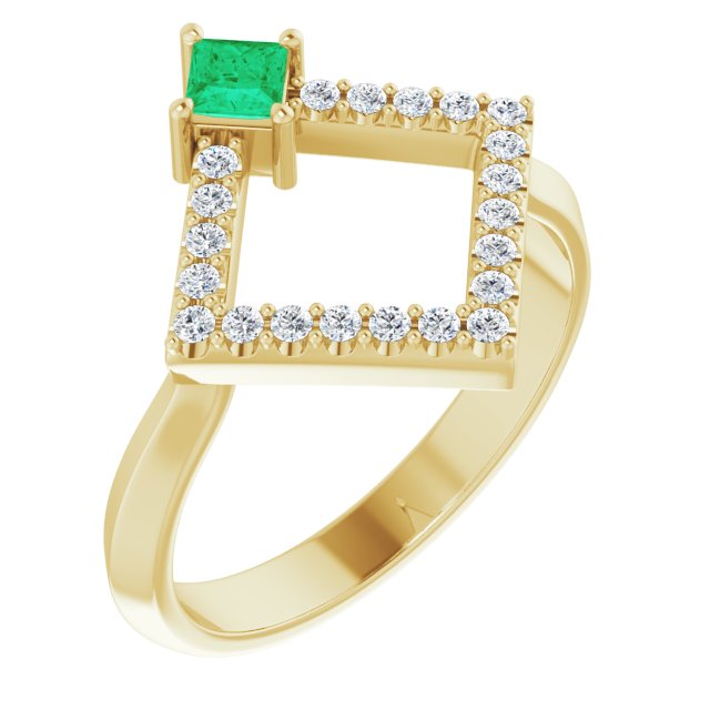14K Gold Square Natural Emerald Accented Geometric Ring - Yellow Gold