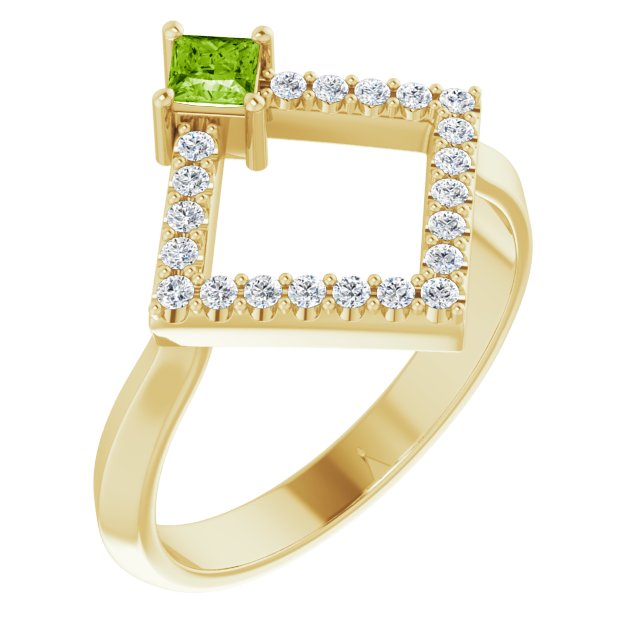 14K Gold Square Natural Peridot Accented Geometric Ring - Yellow Gold