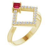 14K Gold Square Natural Ruby Accented Geometric Ring - Yellow Gold
