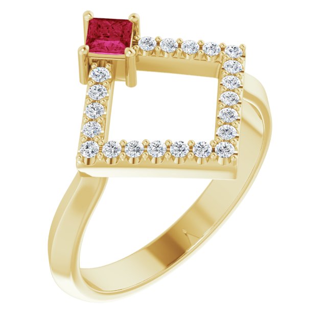 14K Gold Square Natural Ruby Accented Geometric Ring - Yellow Gold