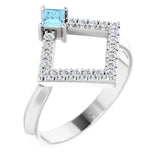14K Gold Square Natural Aquamarine Accented Geometric Ring - White Gold