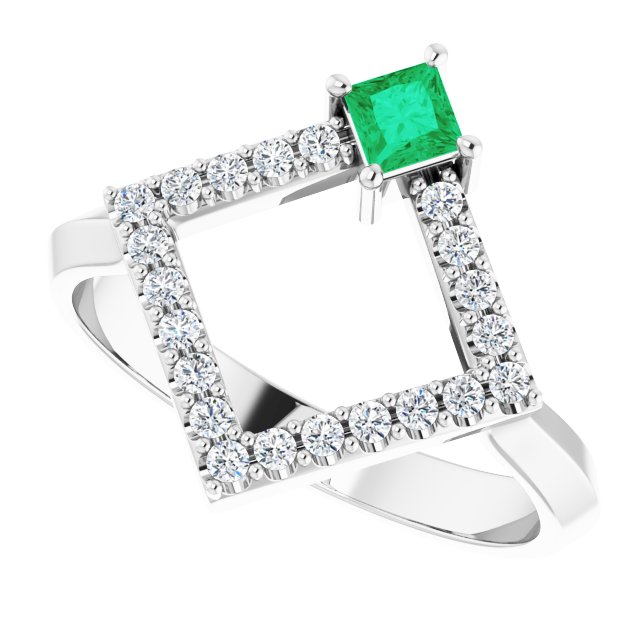 Platinum Square Natural Emerald Accented Geometric Ring - view 5