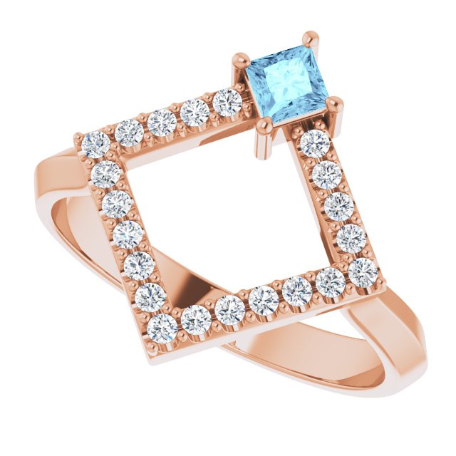 14K Gold Square Natural Aquamarine Accented Geometric Ring - Rose Gold - view 5