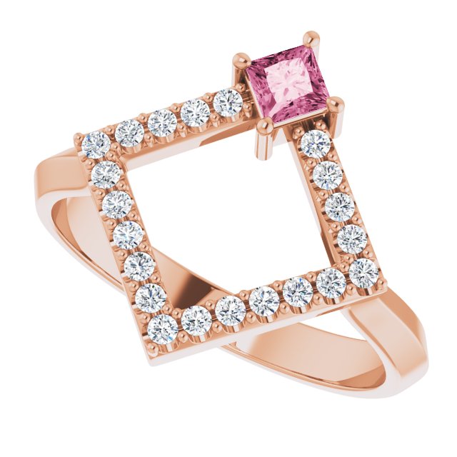 14K Gold Square Natural Pink Tourmaline Accented Geometric Ring - Rose Gold - view 5