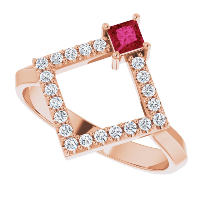 14K Gold Square Natural Ruby Accented Geometric Ring - Rose Gold - view 5