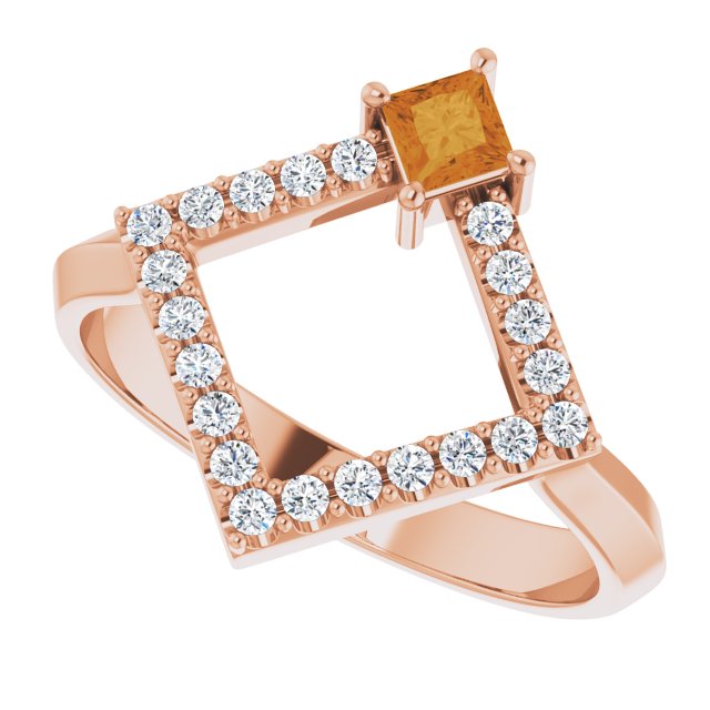 14K Gold Square Natural Citrine Accented Geometric Ring - Rose Gold - view 5