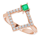 14K Gold Square Natural Emerald Accented Geometric Ring - Rose Gold - view 5