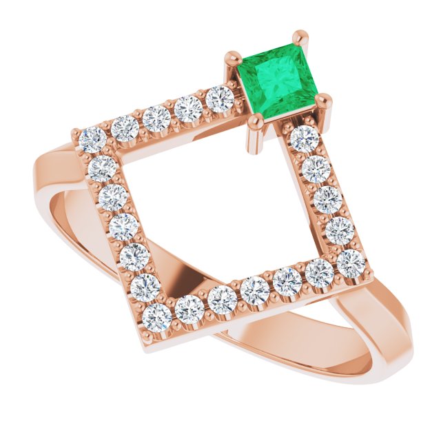 14K Gold Square Natural Emerald Accented Geometric Ring - Rose Gold - view 5