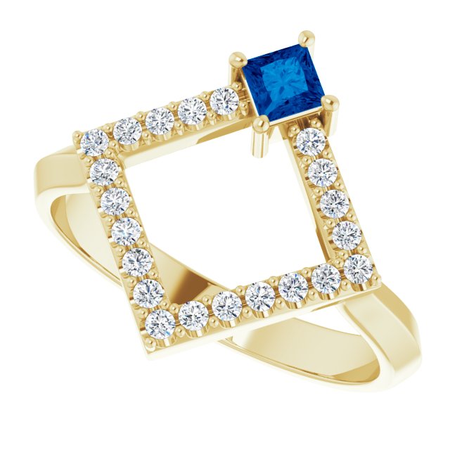 14K Gold Square Natural Blue Sapphire Accented Geometric Ring - Yellow Gold - view 5