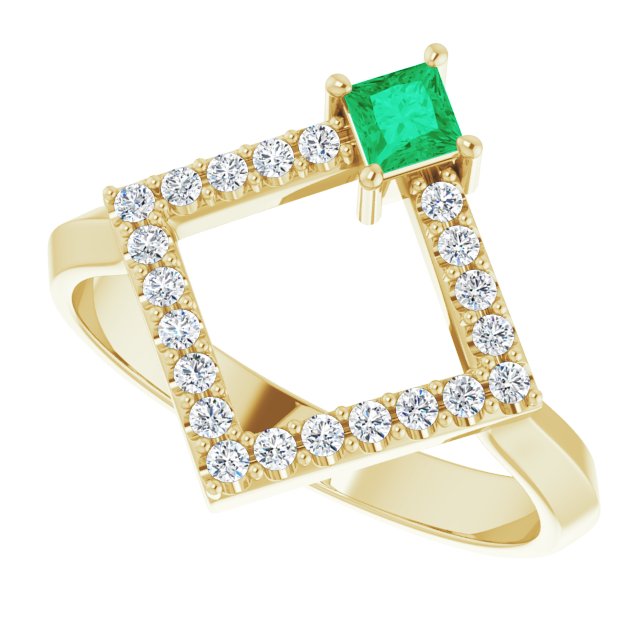 14K Gold Square Natural Emerald Accented Geometric Ring - Yellow Gold - view 5