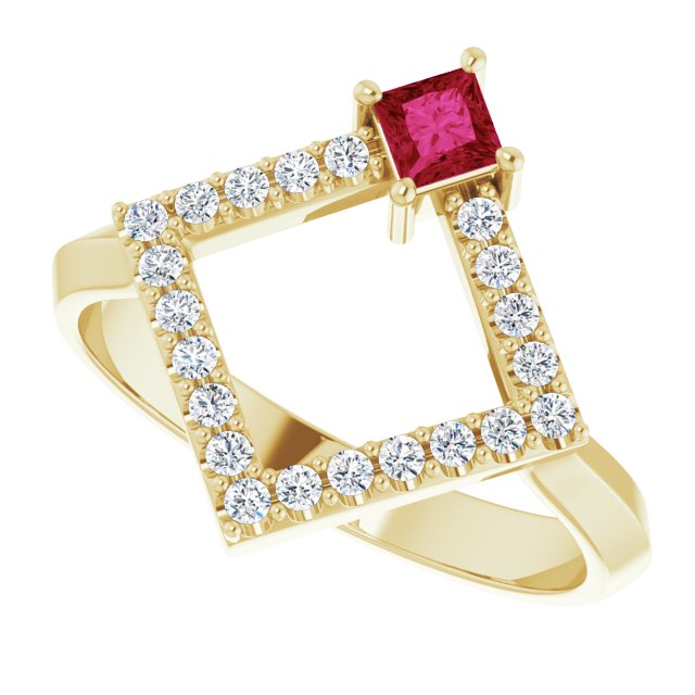 14K Gold Square Natural Ruby Accented Geometric Ring - Yellow Gold - view 5