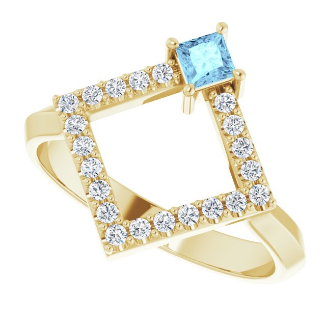 14K Gold Square Natural Aquamarine Accented Geometric Ring - Yellow Gold - view 5