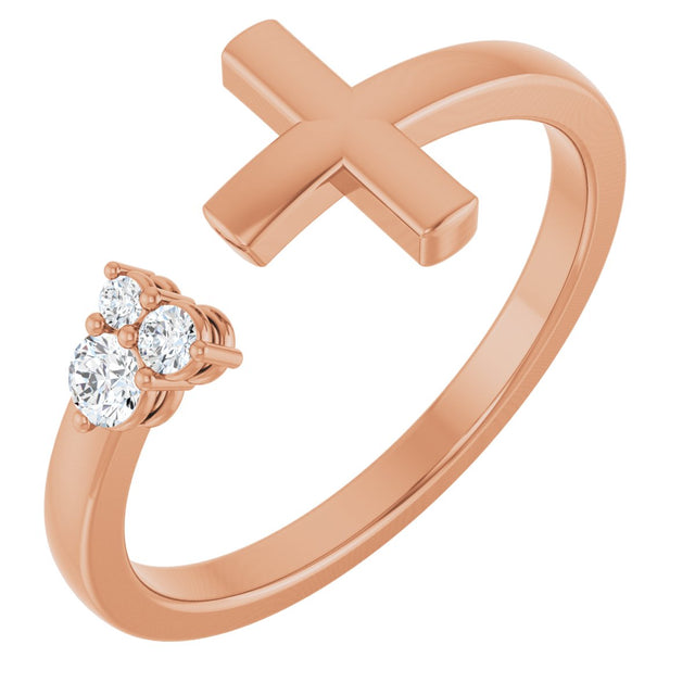 14K Gold Round Natural Diamond Accented Negative Space Cross Ring - Rose Gold