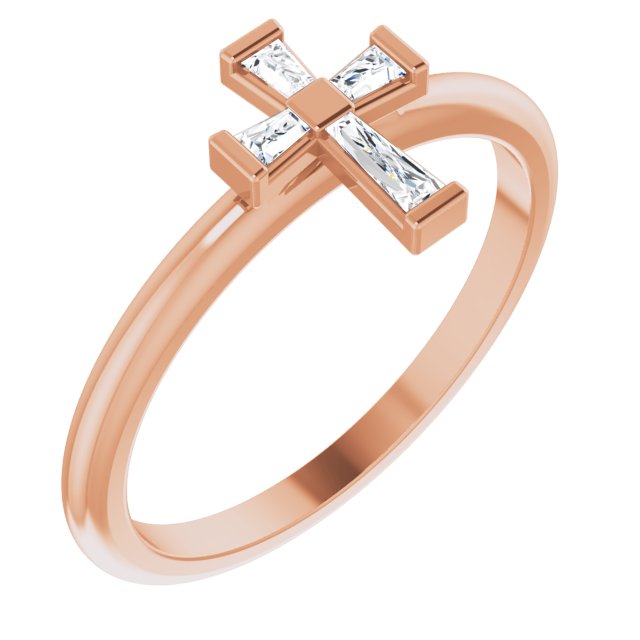 14K Gold Tapered Baguette Natural Diamond Accented Stackable Cross Ring - Rose Gold