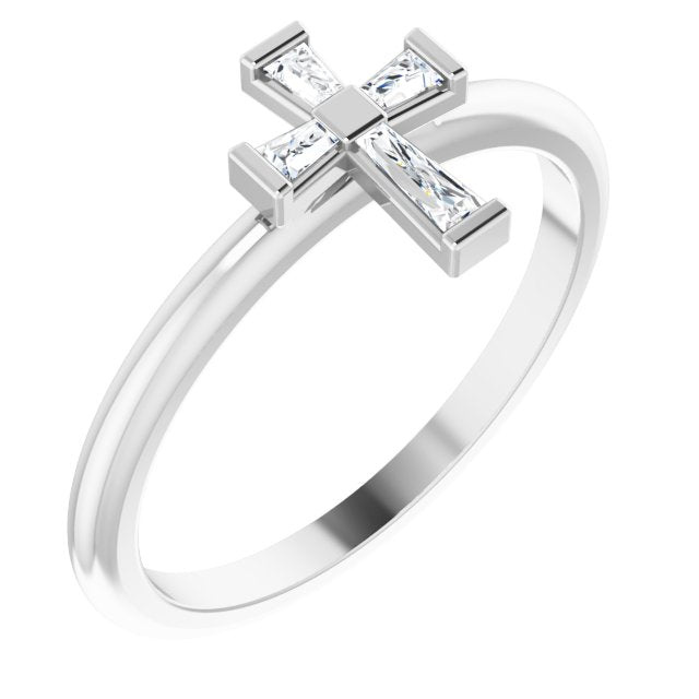 Platinum Tapered Baguette Natural Diamond Accented Stackable Cross Ring
