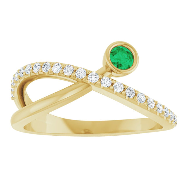 14K Gold Round Natural Emerald Criss-Cross Bezel-Set Ring – 3mm Stones - Yellow Gold - view 3