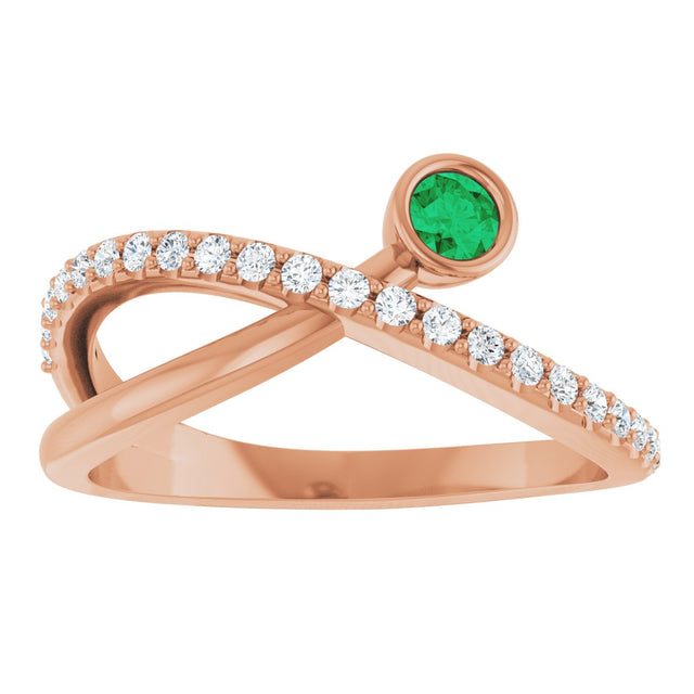 14K Gold Round Natural Emerald Criss-Cross Bezel-Set Ring – 3mm Stones - Rose Gold - view 3