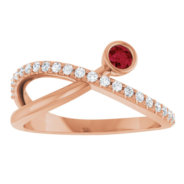 14K Gold Round Natural Ruby Criss-Cross Bezel-Set Ring – 3mm Stones - Rose Gold - view 3