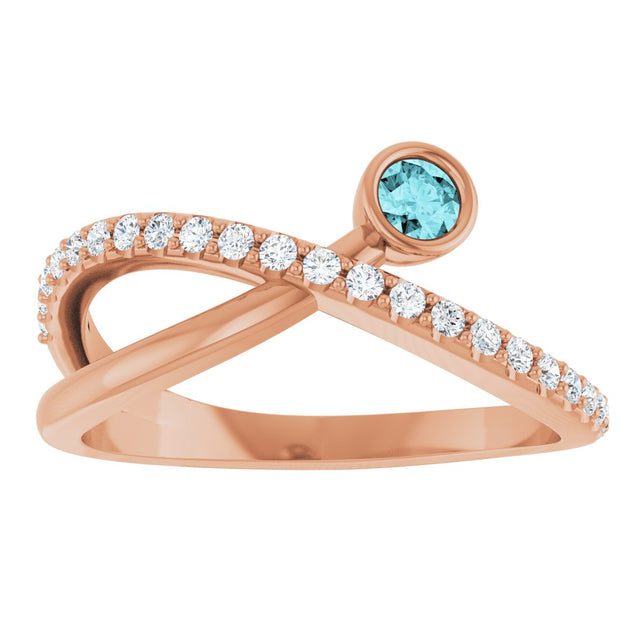 14K Gold Round Natural Blue Zircon Criss-Cross Bezel-Set Ring – 3mm Stones - Rose Gold - view 3