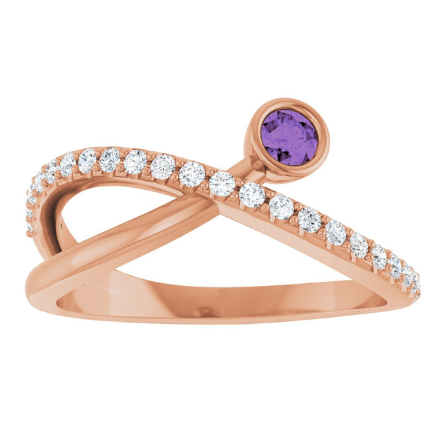 14K Gold Round Natural Amethyst Criss-Cross Bezel-Set Ring – 3mm Stones - Rose Gold - view 3