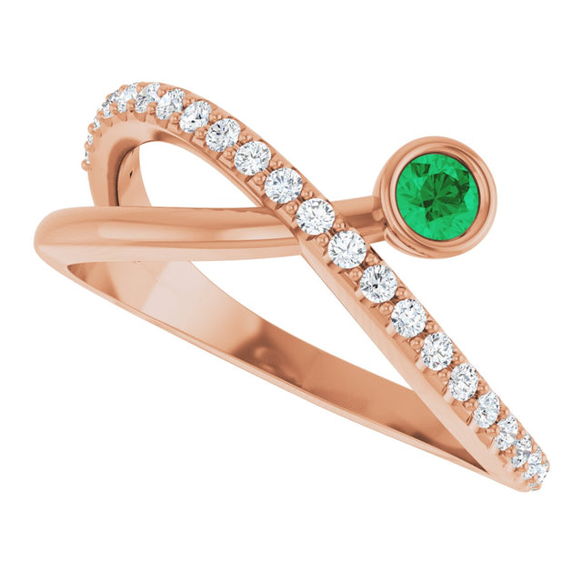 14K Gold Round Natural Emerald Criss-Cross Bezel-Set Ring – 3mm Stones - Rose Gold - view 5