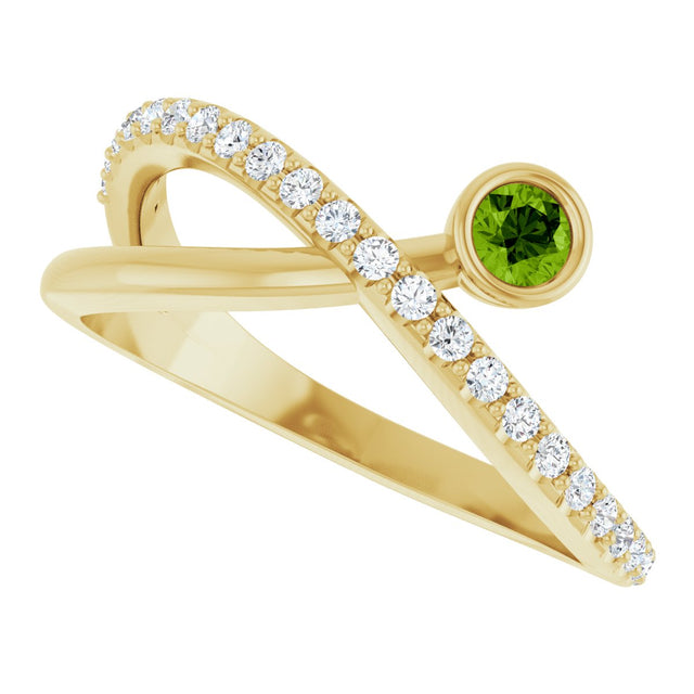 14K Gold Round Natural Peridot Criss-Cross Bezel-Set Ring – 3mm Stones - Yellow Gold - view 5