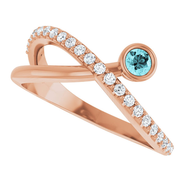 14K Gold Round Natural Blue Zircon Criss-Cross Bezel-Set Ring – 3mm Stones - Rose Gold - view 5