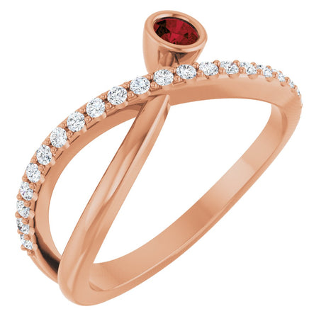 14K Gold Round Natural Mozambique Garnet Criss-Cross Bezel-Set Ring – 3mm Stones - Rose Gold