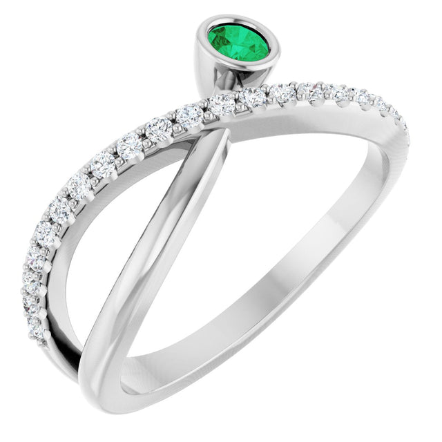 14K Gold Round Natural Emerald Criss-Cross Bezel-Set Ring – 3mm Stones - White Gold