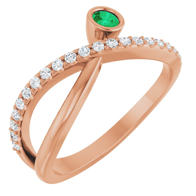 14K Gold Round Natural Emerald Criss-Cross Bezel-Set Ring – 3mm Stones - Rose Gold