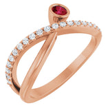 14K Gold Round Natural Ruby Criss-Cross Bezel-Set Ring – 3mm Stones - Rose Gold