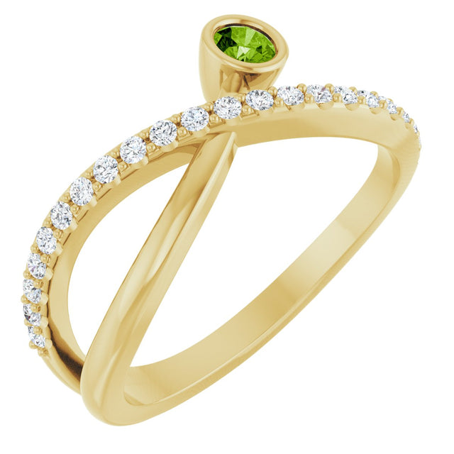 14K Gold Round Natural Peridot Criss-Cross Bezel-Set Ring – 3mm Stones - Yellow Gold