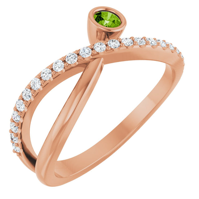 14K Gold Round Natural Peridot Criss-Cross Bezel-Set Ring – 3mm Stones - Rose Gold