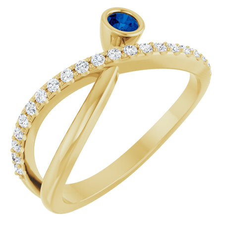 14K Gold Round Natural Blue Sapphire Criss-Cross Bezel-Set Ring – 3mm Stones - Yellow Gold
