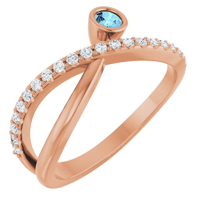 14K Gold Round Natural Aquamarine Criss-Cross Bezel-Set Ring – 3mm Stones - Rose Gold