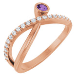 14K Gold Round Natural Amethyst Criss-Cross Bezel-Set Ring – 3mm Stones - Rose Gold