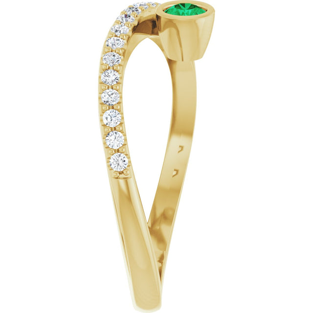 14K Gold Round Natural Emerald Criss-Cross Bezel-Set Ring – 3mm Stones - Yellow Gold - view 4